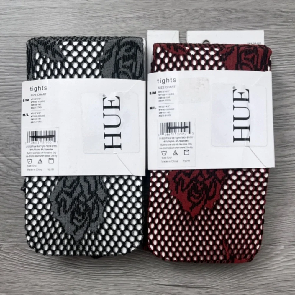 HUE Women's Tights Floral Net Fishnet S/M Steel-Grey & Brick-Red W/Black